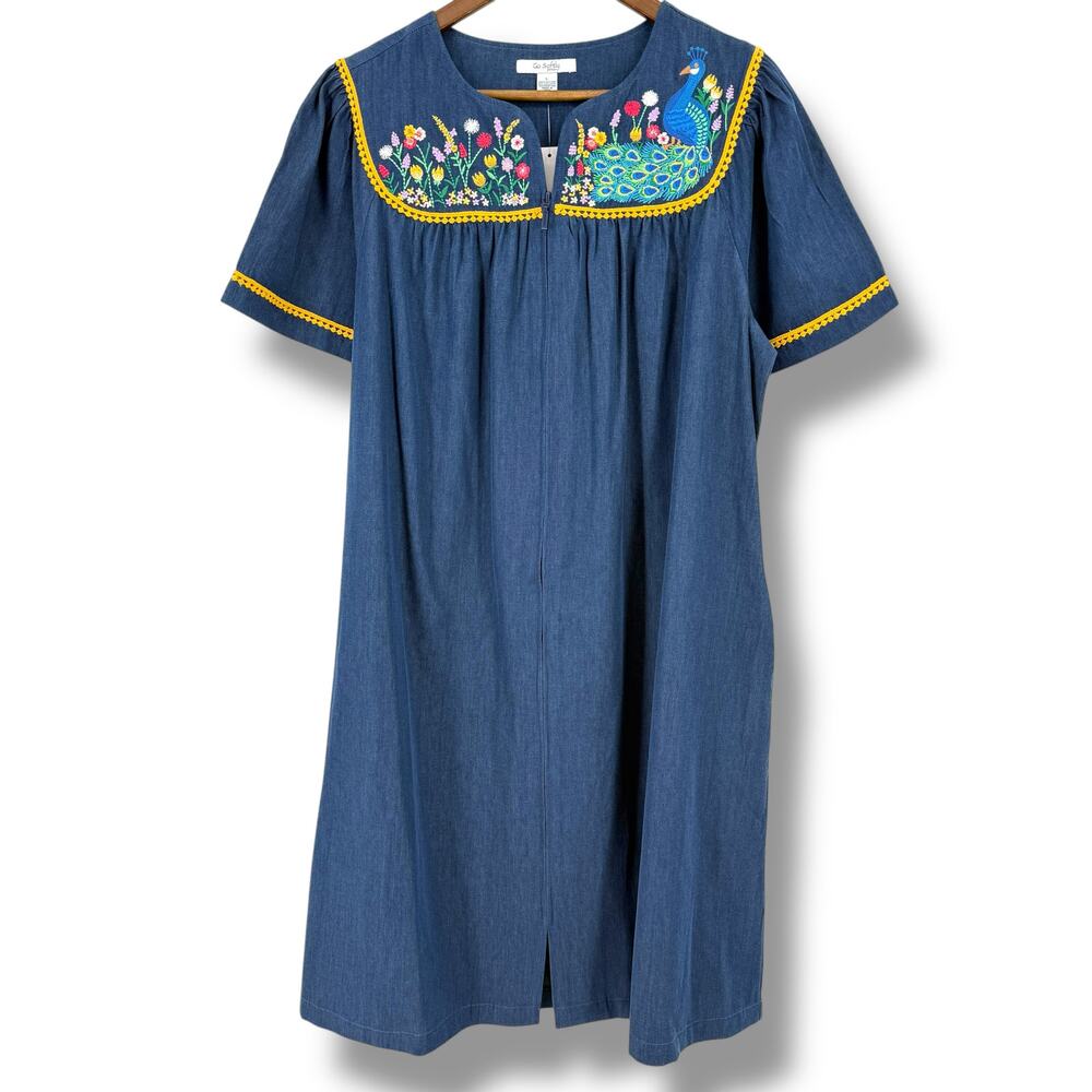 Go Softly Denim Embroidered Floral Peacock Patio Dress Sz Small Full Zip